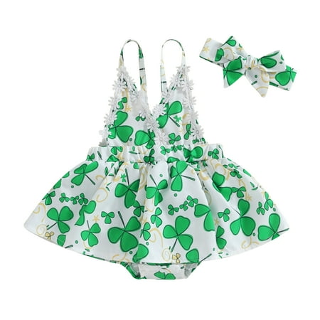 

Suealasg Toddler Baby Girl Ireland Festival 2pcs Clothes Shamrock Print Sleeveless Romper Dress and Headband 3M 6M 9M 12M 18M Infant Girls Spring Saint Patrick s Day Outfits