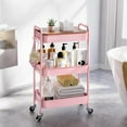 thumbnail image 2 of 3 Tier Rolling Cart, Metal Utility Cart with Wheels & Wooden Top, Pink Organizer Cart, Rolling Craft Storage Cart, Serving Trolley Cart for Kitchen, Office, Bathroom, Kids' Room, Bedside, Pink, 2 of 15