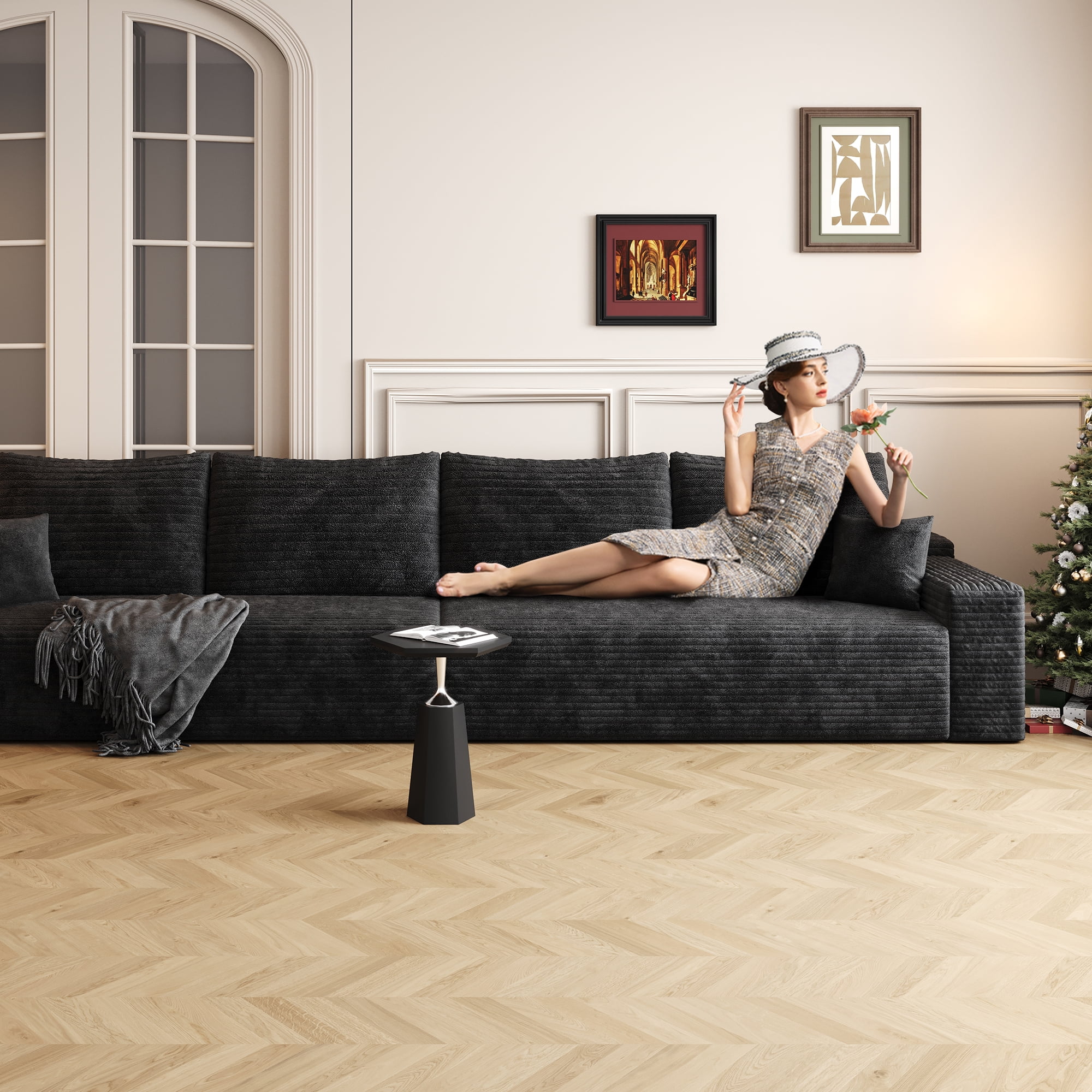 MAYEERTY 140" Cloud Sectional Couch, Modern Modular Deep Seat Sofa, No Assembly Plush Corduroy Fabric, Black (2 packages)