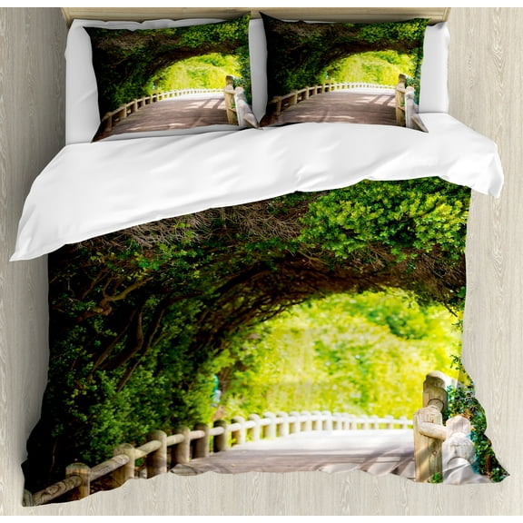 Forest Duvet Cover Set, Nature Boardwalk Through Green Archway Bridge Foliage Trees Sunny Summer Day, Decorative 3 Piece Bedding Set with 2 Pillow Shams, Queen Size, Beige Green Brown, by Ambesonne