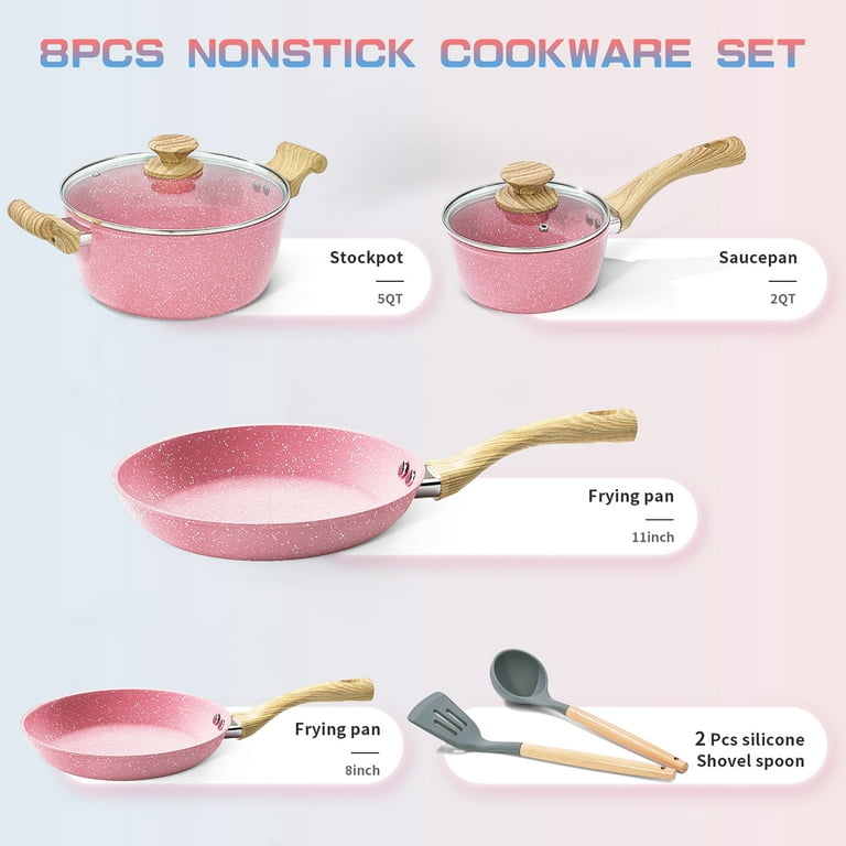 Cookware Sets, 8 Piece Pots and Pans Set, Granite Stone Cookware Non Stick Frying Pan Set with Stay Cool Handles, Pink