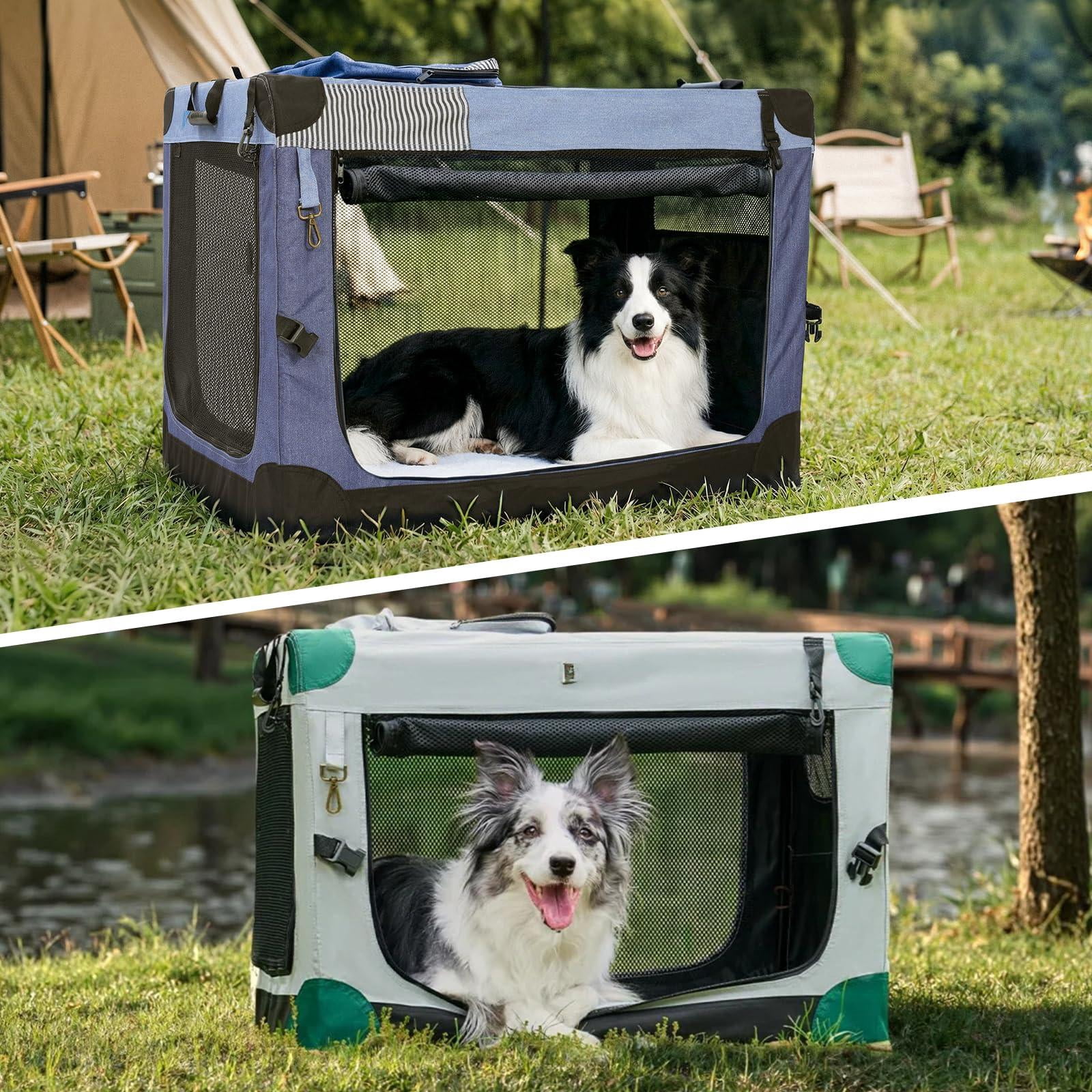 Soft Collapsible Dog Crate - 26 Inch Portable Travel For Puppy/small Dogs Indoor & Outdoor  3-door With Durable Mesh Windows Storage Bag Blue