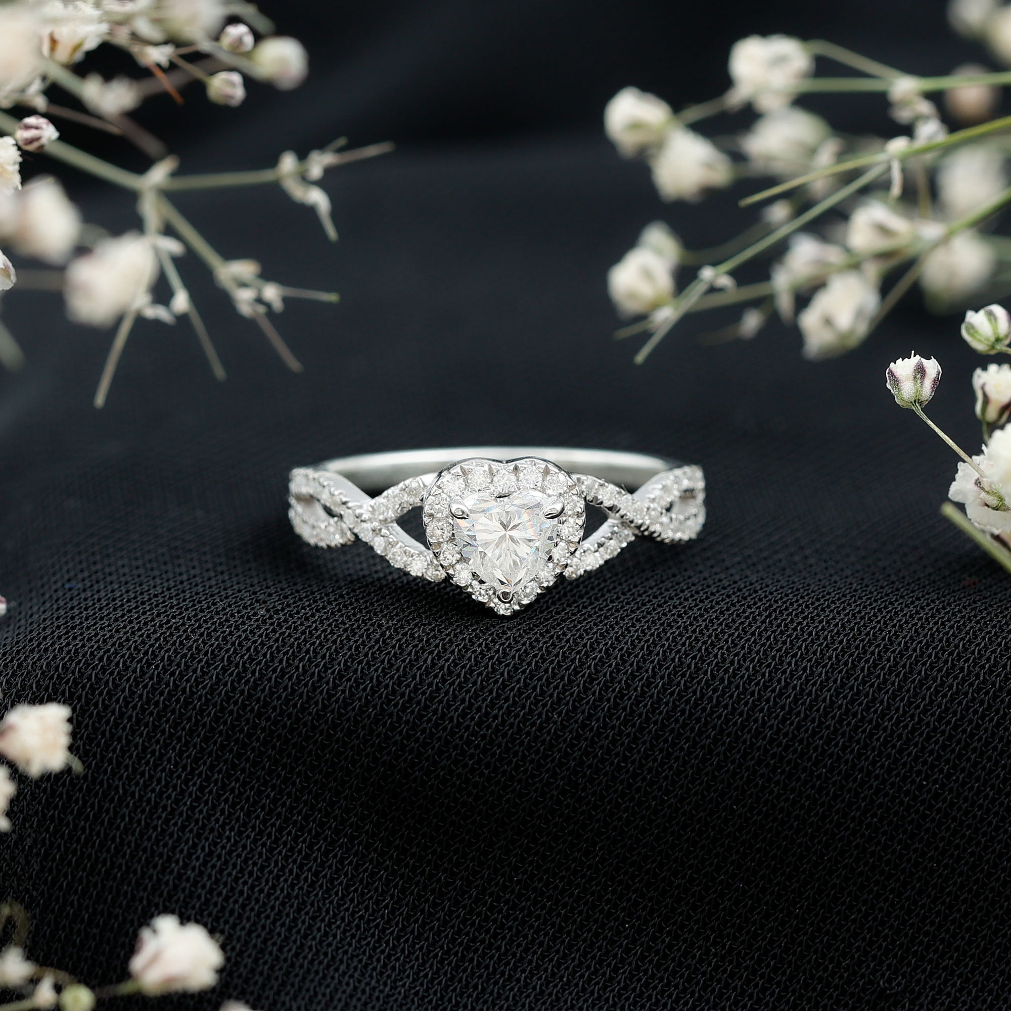 Rosec Jewels Moissanite Heart Engagement Ring for Women - 1/2 Carat - Moissanite Halo Crossover Ring - D-VS1 Grade, 14K White Gold, US 5.00