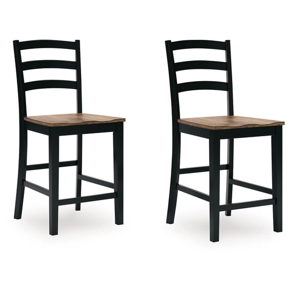 Signature Design by Ashley Wildenauer Counter Height Barstool - Deep Brown Butcher Block Seat with Satin Black Frame (Set of 2)