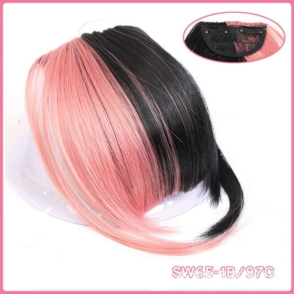 XmhyTop Natural-Looking Clip-In Bangs with Side Swept Temples, Soft Synthetic French Fringe Hairpiece, Easy Styling Curved Bangs Extensions for Women's Daily Wear,Pink and Black