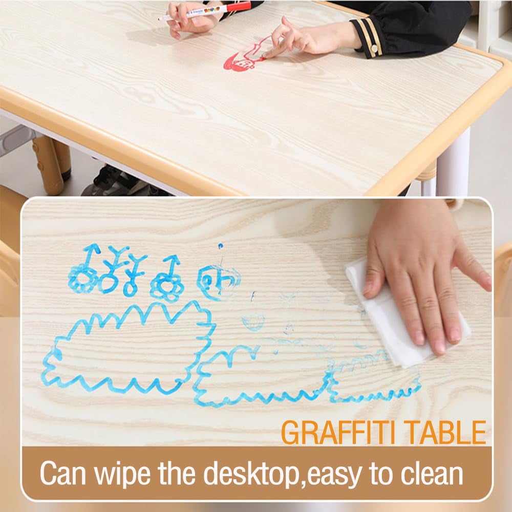 Kids Table and Chairs Set, Height Adjustable Desk With 6 Seats for Ages 2-10,Arts & Crafts Table,Graffiti Desktop, Non-Slip Legs, Max 300lbs, Children Multi-Activity Table