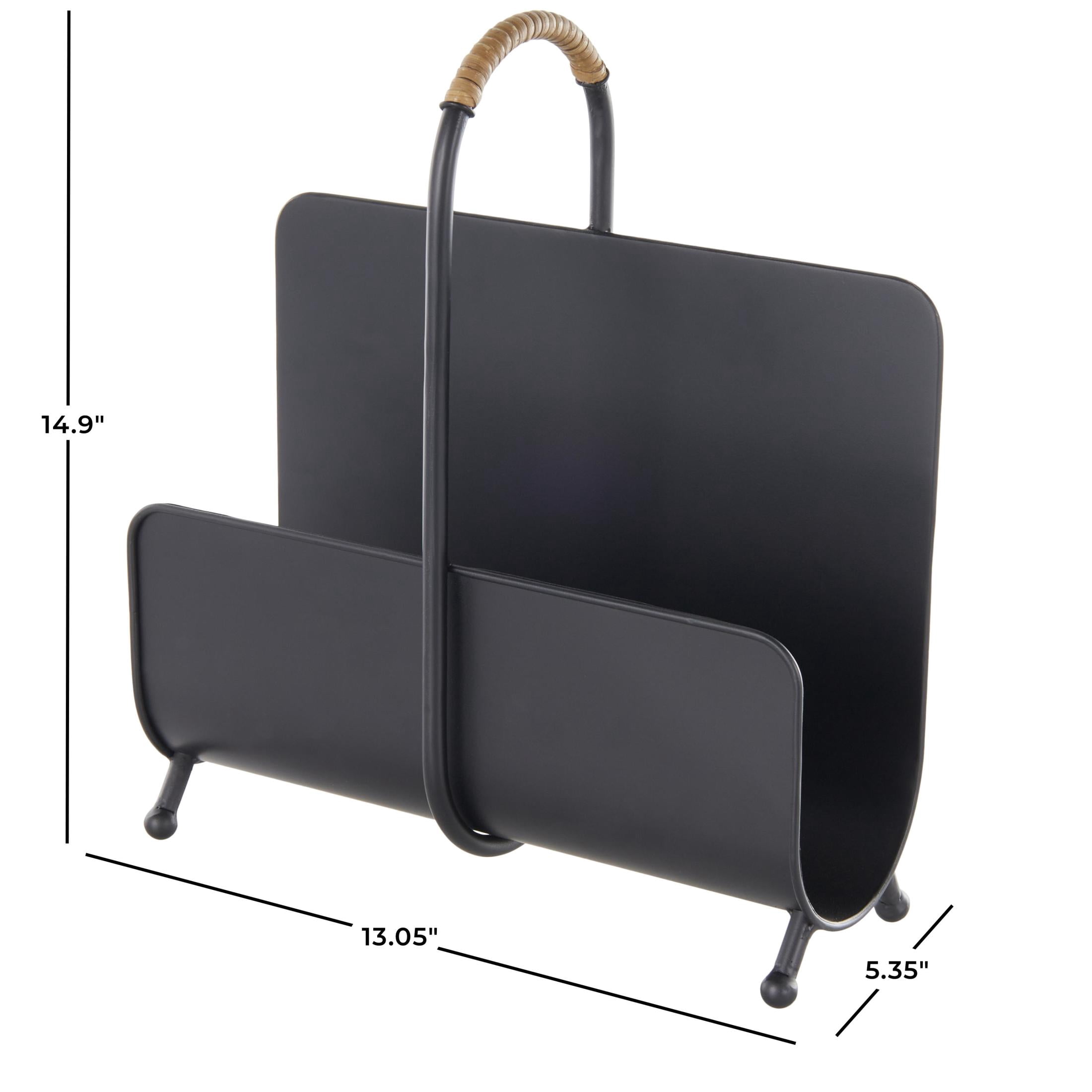 DecMode 15" Black Metal Matte Curved Magazine Holder with Rattan Loop Handle