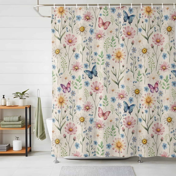 Shower Curtain Spring Wildflower Green Leaf Shower Curtains for Bathroom Decor, Waterproof Polyester Shower Curtain Set with Hooks, Extra Long 72" x 78" Vintage Floral