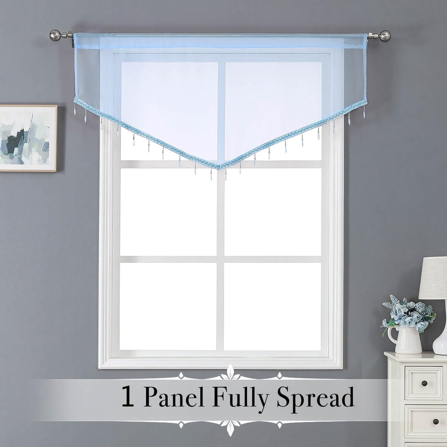 Kiibsot 3-Pack Halloween Beaded Sheer Valance Curtains for Windows, Triangle Sheer Voile Kitchen Swag Curtain Valances Boho Bead Tassels Window Valances for Bedroom Living Room, Each 51 x 24 Inch