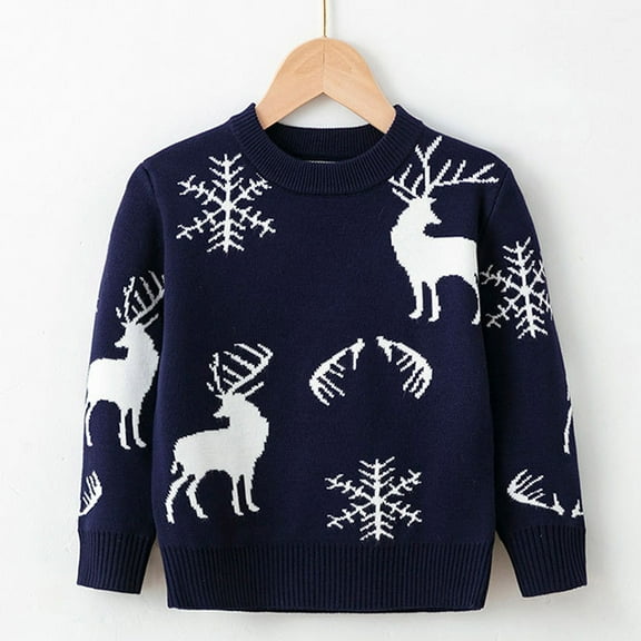 Tfken Christmas Child Boys Sweater Long Sleeve Cartoon Print Pullover Warm Comfortable Sweater Navy Size 3-4 Years
