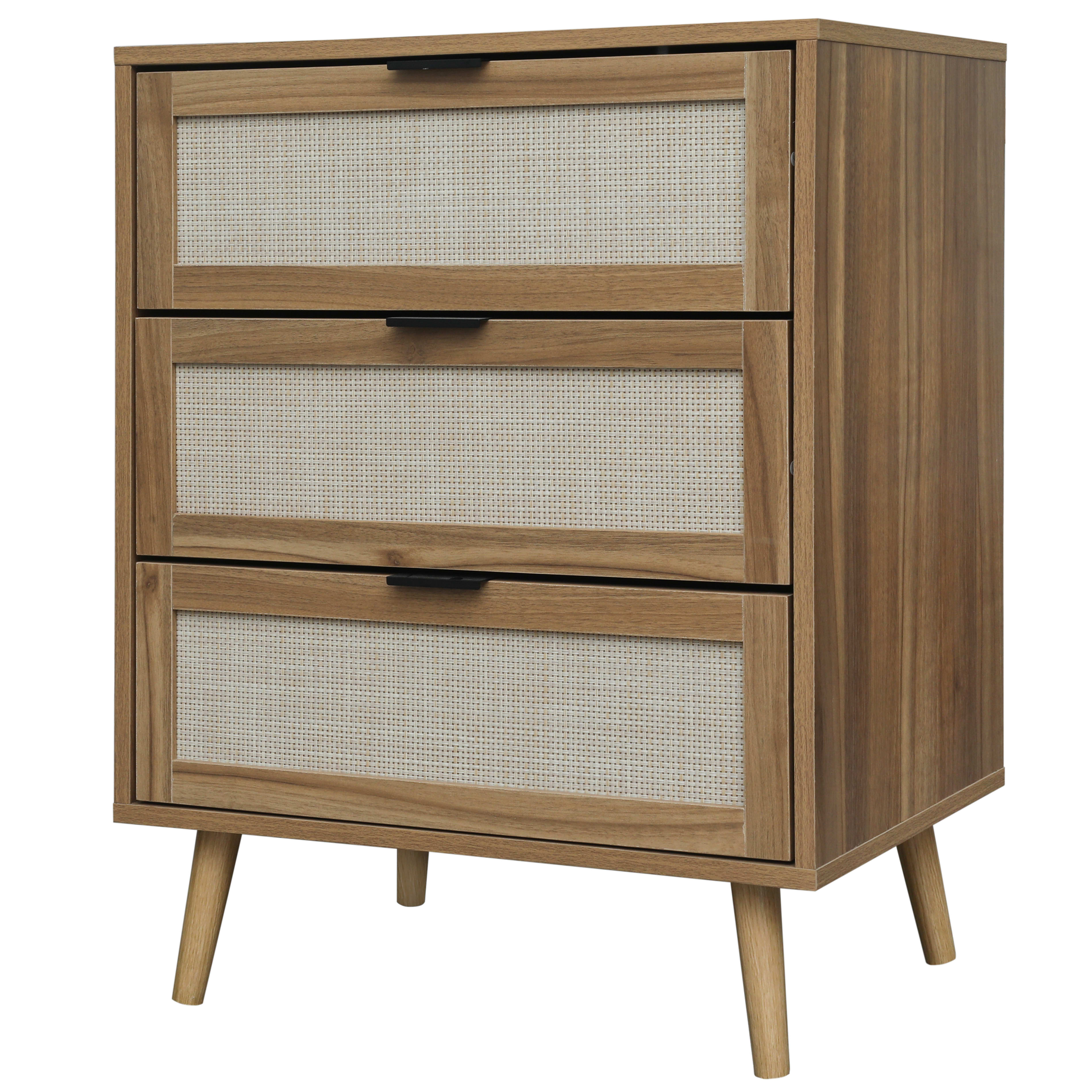 Aukfa 3 Drawer Tall Dresser Nightstand with Rattan Storage Drawer for Bedroom Living Room, Walnut