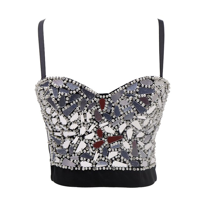 Traje de baile de celebridades con estilo de eslinga dorada, chaleco con lentejuelas de vidrio y cuentas que envuelve el pecho de las mujeres