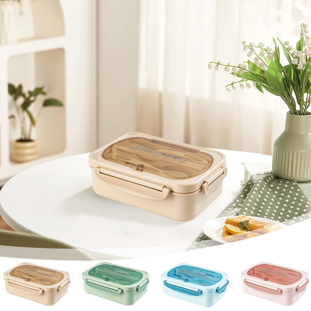 Microwave Lunch Box Set Food-Grade Plastic Compartment Container & Tableware Leakproof Silicone Lid Lightweight Portable 21.3x14.5x7.5cm Blue Pink Green Khaki