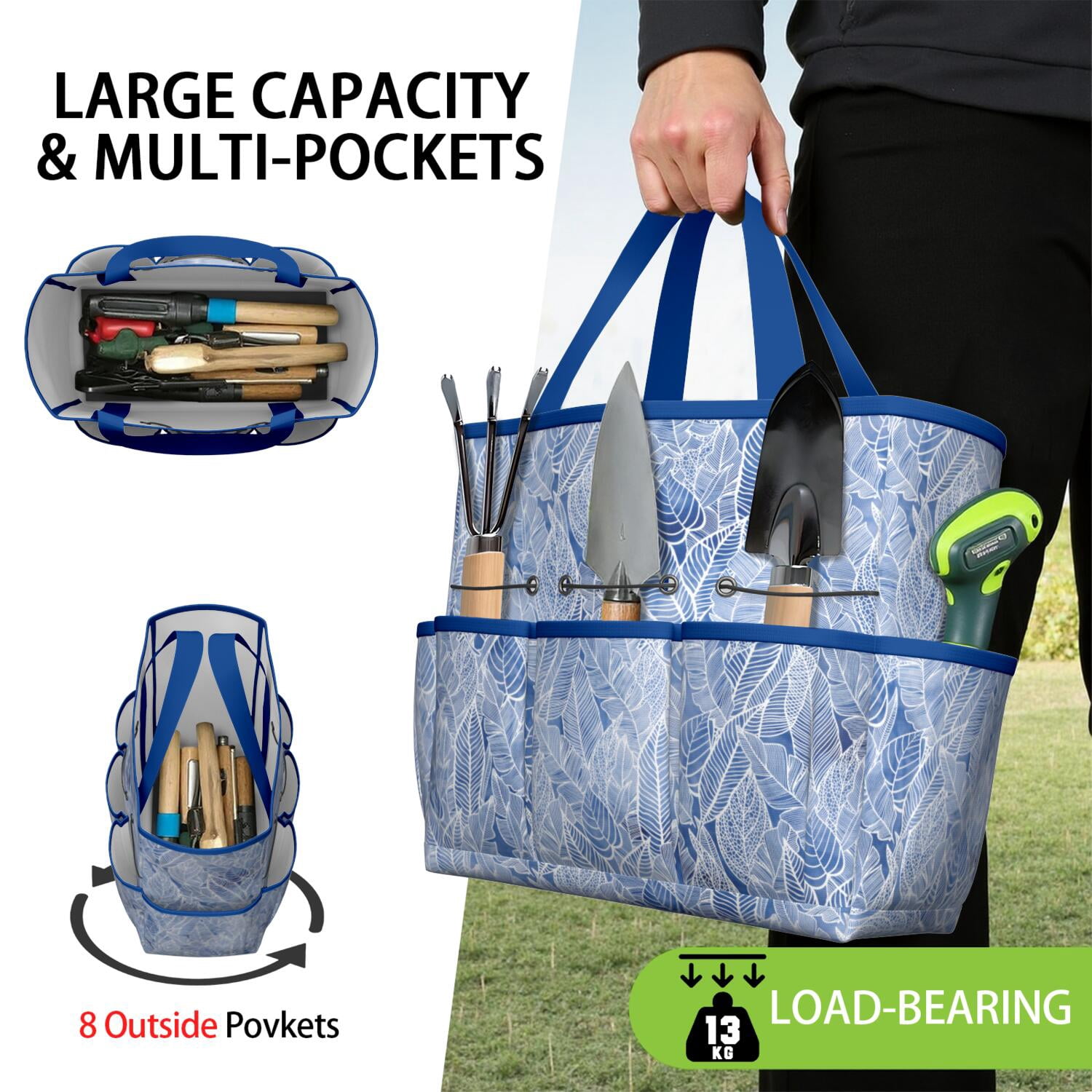 Bright Flowers Garden Tools Bag, Water-proof Oxford Garden Tote Home Organizer Gardening Tool Bag Kit Holder with 8 Pockets for Indoor and Outdoor Gardening(Tools Not Included)
