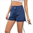 thumbnail image 3 of Shorts Vaqueros Ajustados Elásticos de Cintura Alta con Cordón y Fruncido para Mujer Azul Oscuro L, 3 of 9