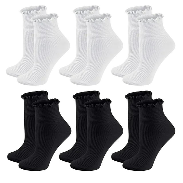 Dagugfen 6 Pairs Ruffle Socks Solid Color Knit Absorbing Breathable Comfy Casual Crew Socks for Women