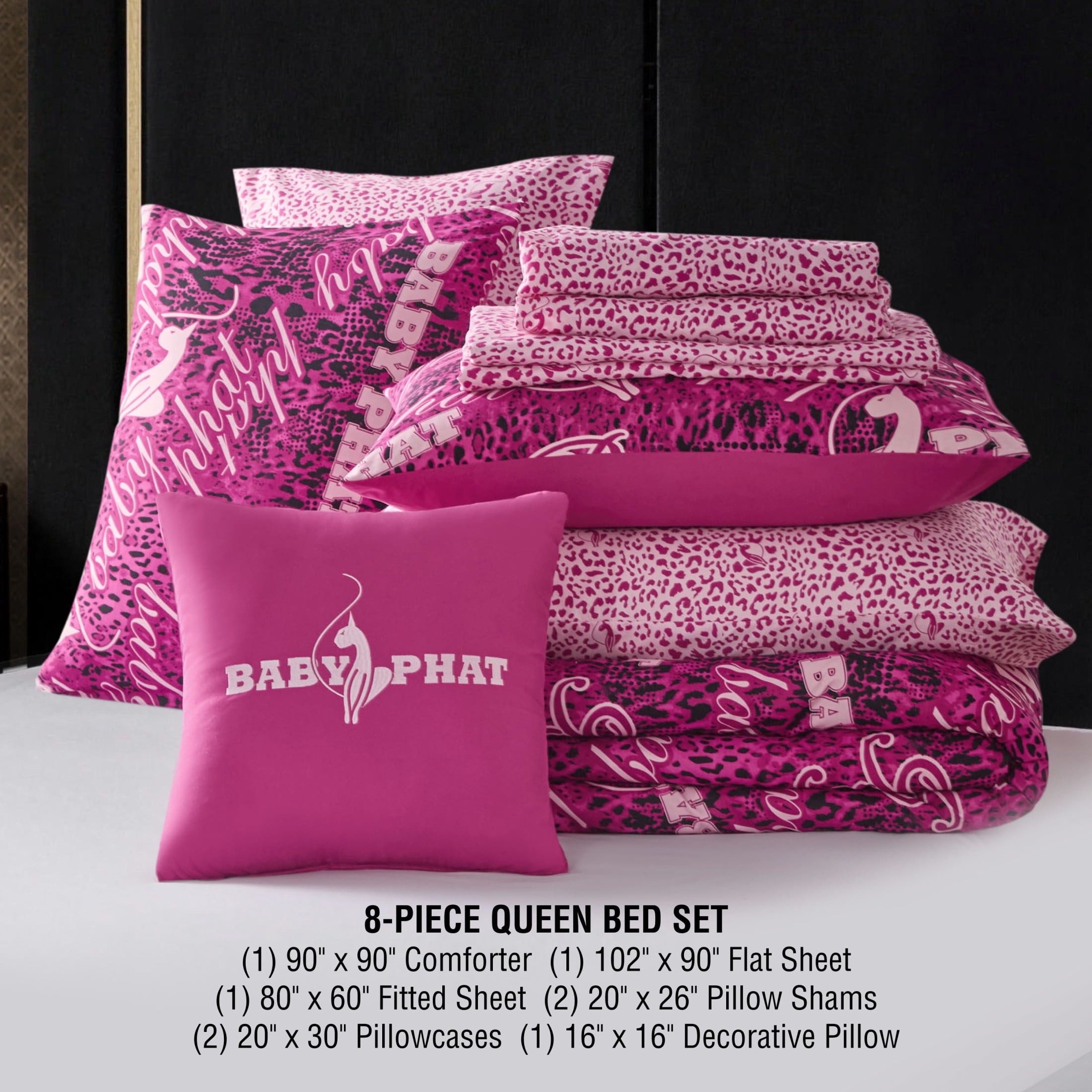 Baby Phat Tossed Logo 8-Piece Reversible Comforter Bed in a Bag, Pink, Queen