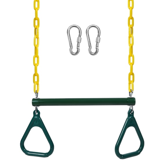 RedSwing Trapeze Swing Bar with Triangular Gymnastic Rings, Kids Swingset Heavy Duty Coated Chains with Carabiners, Outdoor Swing Play Playground Accessories, Green and Yellow