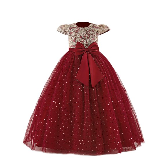 TIREOW Flower Girls Dresses Short Sleeved Solid Color Puffy Long Gown Dress Bow Flower Girls Wedding Party Pageant Formal Dress