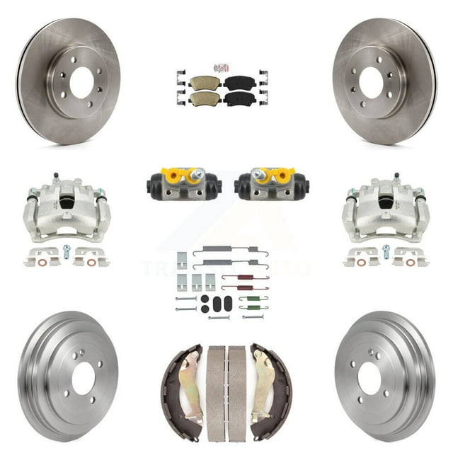 Transit Auto Front Rear Disc Brake Caliper Rotors Drums Ceramic Pads Shoes Wheel Cylinders and Hardware Kit (11Pc) for Car 2012-2017 Hyundai Accent KC8-103321N