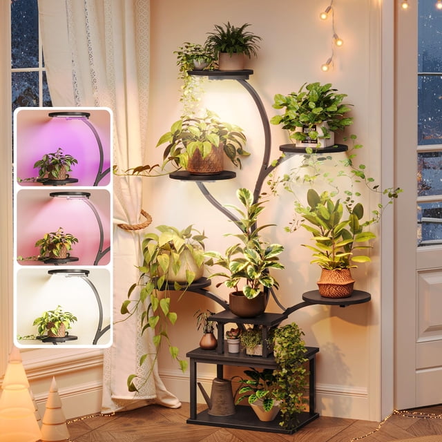 Soporte para plantas PRAISUN de 130 cm con luces de cultivo de 8 niveles, negro