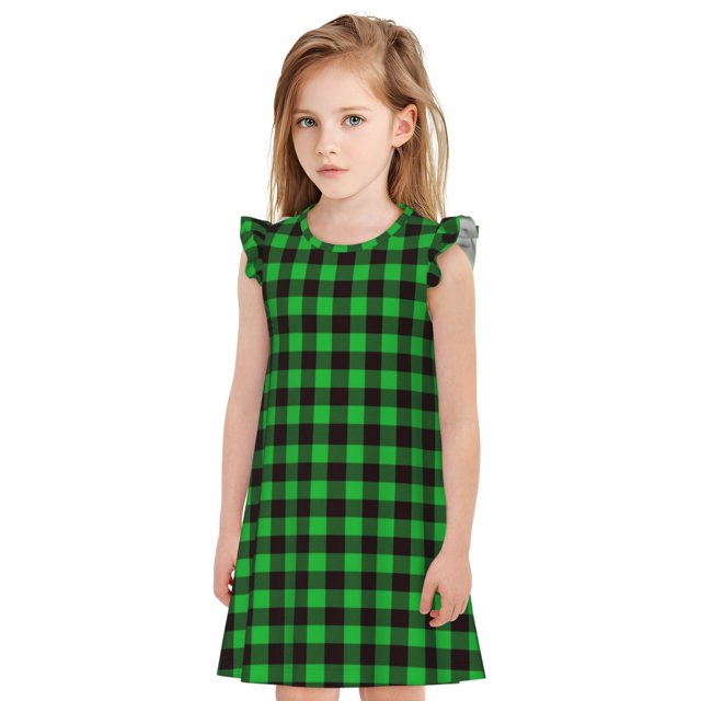 Fotbe Buffalo Plaid Green Black Vestido de Dormir para Niñas de 3 a 10 Años, Mangas Cortas, Estilo Princesa, Pijama Camisón con Mangas Voladas-Medium