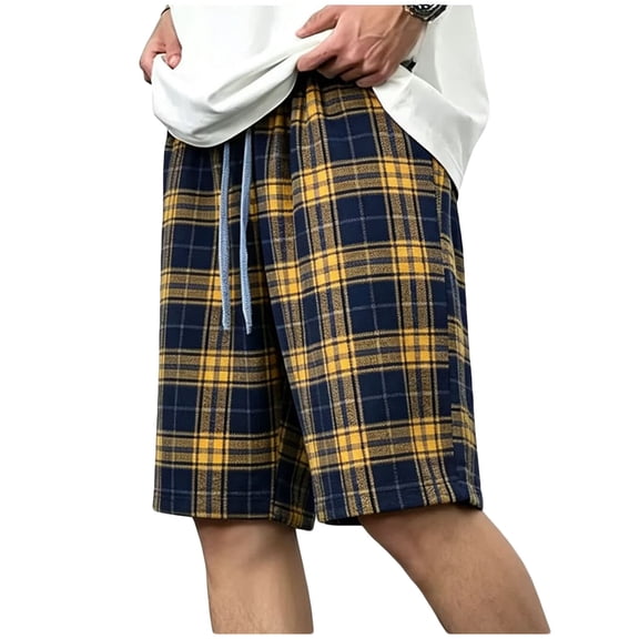 Lmueinov 2026 Men's Plaid Elastic Waist Casual Shorts, 100% Polyester Loose Fit Drawstring Shorts with Pockets, Summer Lounge Daily Wear XS-2XL