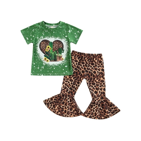 

Bagilaanoe 2pcs Toddler Baby Girl Long Pants Set Print Short Sleeve T-Shirt Tops + Leopard Flare Trousers 6M 12M 18M 24M 3T 4T 5T Kids Casual Summer Outfits