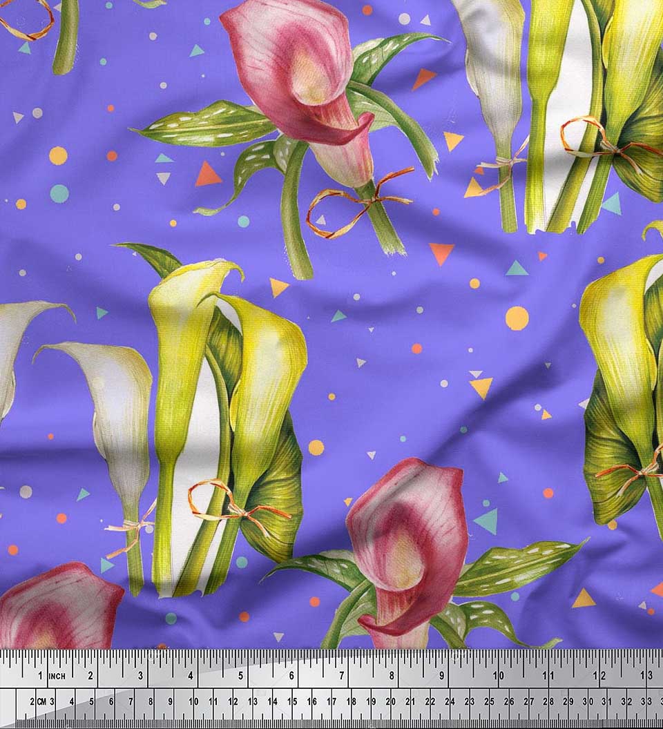 Soimoi Purple Cotton Duck Fabric Triangle,Leaves & Lily Flower Print