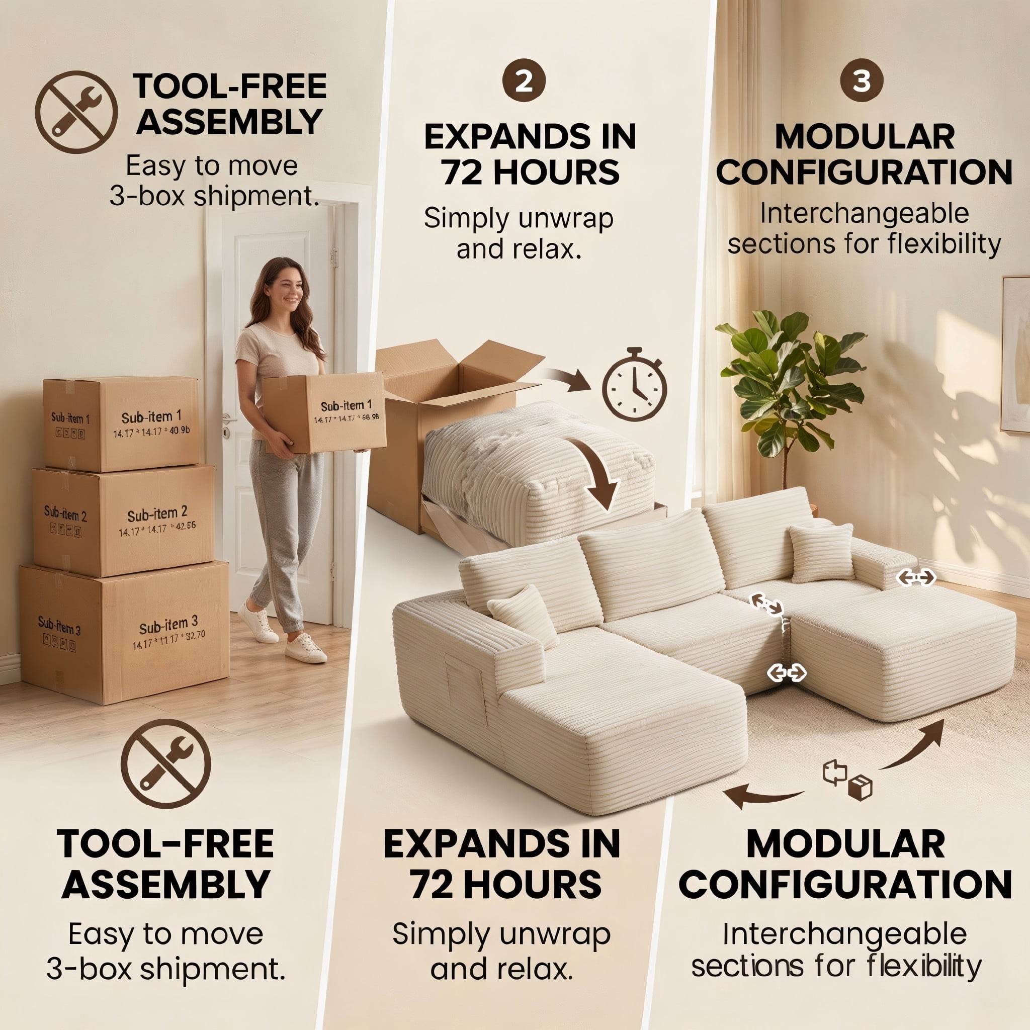 104" Premium Corduroy Sectional Sofa with Reversible Chaise, U-Shape Modular Couch with Deep Seating, Pocket Spring Cushions, Side Pockets, Tool-Free Assembly for Living Room, Left Facing (Beige)