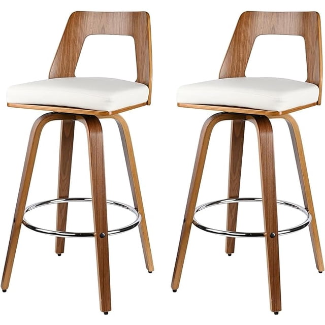 28.5" Retro Bar Stools Set of 2, Wood Swivel Counter Height Barstools with Mid-Backrest and PU Padded Seat, Dining Kitchen Island Stools Bar Chairs