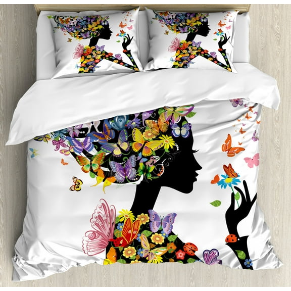 Butterflies King Size Duvet Cover Set, Girl Fashion Flowers with Butterflies Ornamental Floral Foliage Nature Forest, Decorative 3 Piece Bedding Set with 2 Pillow Shams, Multicolor, by Ambesonne