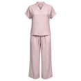 thumbnail image 4 of BRELIL Women Plus Size Two Piece Outfits V Neck Short Sleeve Tee Wide Leg Pants Casual Lounge Set Solid Boho Vacation Travel Loose Tracksuit, Pink S, 4 of 6