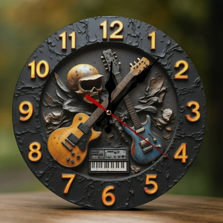 Wall Clock Decorative - Retro Colorful Guitar Pattern Print 2D Vintage Wall Clocks Battery Operated Silent Non-Ticking for Bedroom, Living Room, Kitchen, Office, Classroom, 10 Inch
