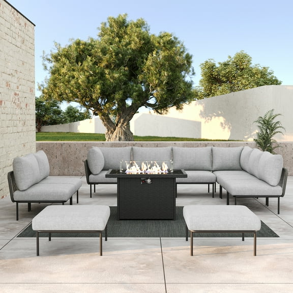 LayinSun 11 Pieces Aluminum Patio Furniture Set, Modern Modular Sectional Sofa with Fire Pit Table and Upgrade Thickness Cushion