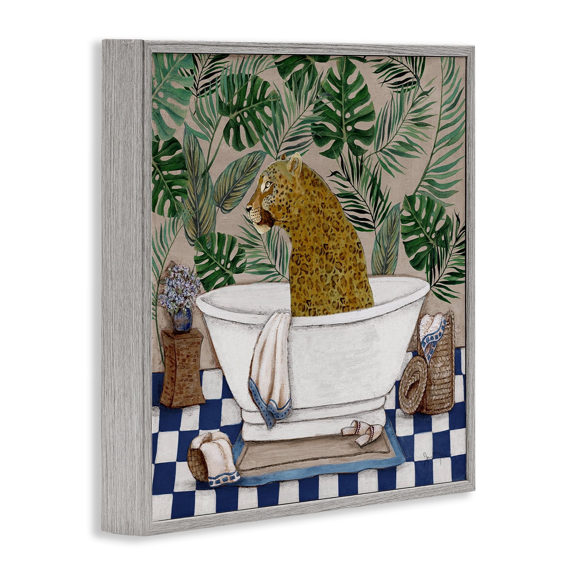 Stupell Industries Leopard in Tropical Bathtub Gray Framed Giclee Art, design by Janet Tava