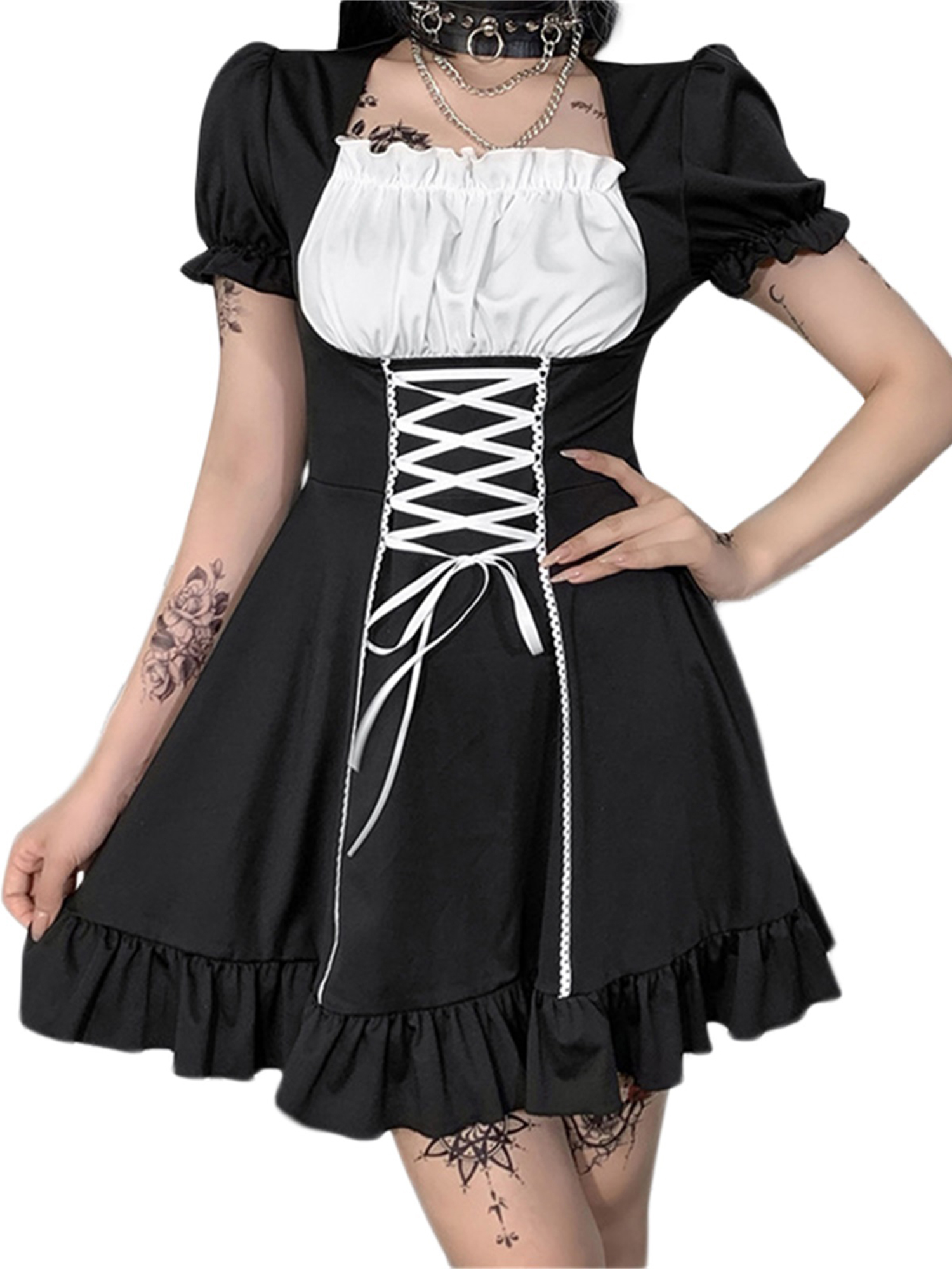 Nokpsedcb Women Short Sleeve Patchwork Dress Adjustable Bandages Casual Loose Fit Cosplay One Piece Skirt Black L Walmart Com