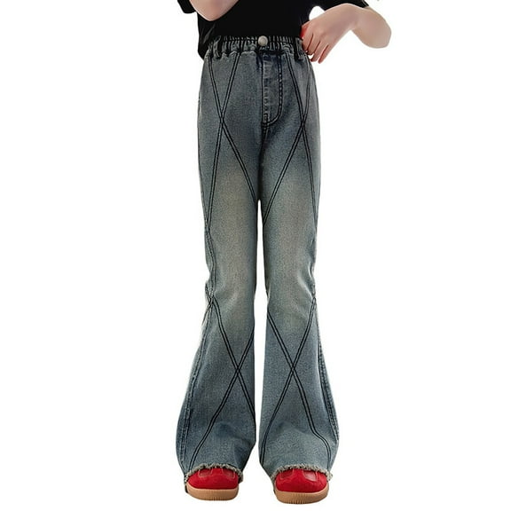 Ruyang Teen Girls Retro Flare Jeans Ripped Bell Bottom High Waist Denim Long Pants Kids Striped Cute Straight Baggy Trousers