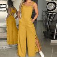 thumbnail image 2 of YeJammarp Women Jumpsuits Sleeveless Side Buttons Split Wide Leg Rompers Cotton Blend Knotted Strap Casual Loose Playsuit (Small, Yellow), 2 of 6
