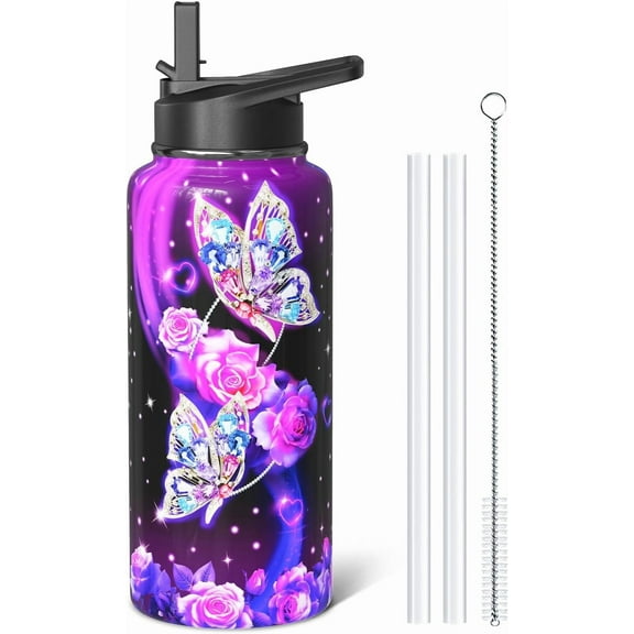 32oz Butterfly Water Bottles with Flip Straw & Spout Lid, Double Wall Stainless Steel Travel Sport Bottle, Butterflies Gym Gifts for Women Men (1PC)