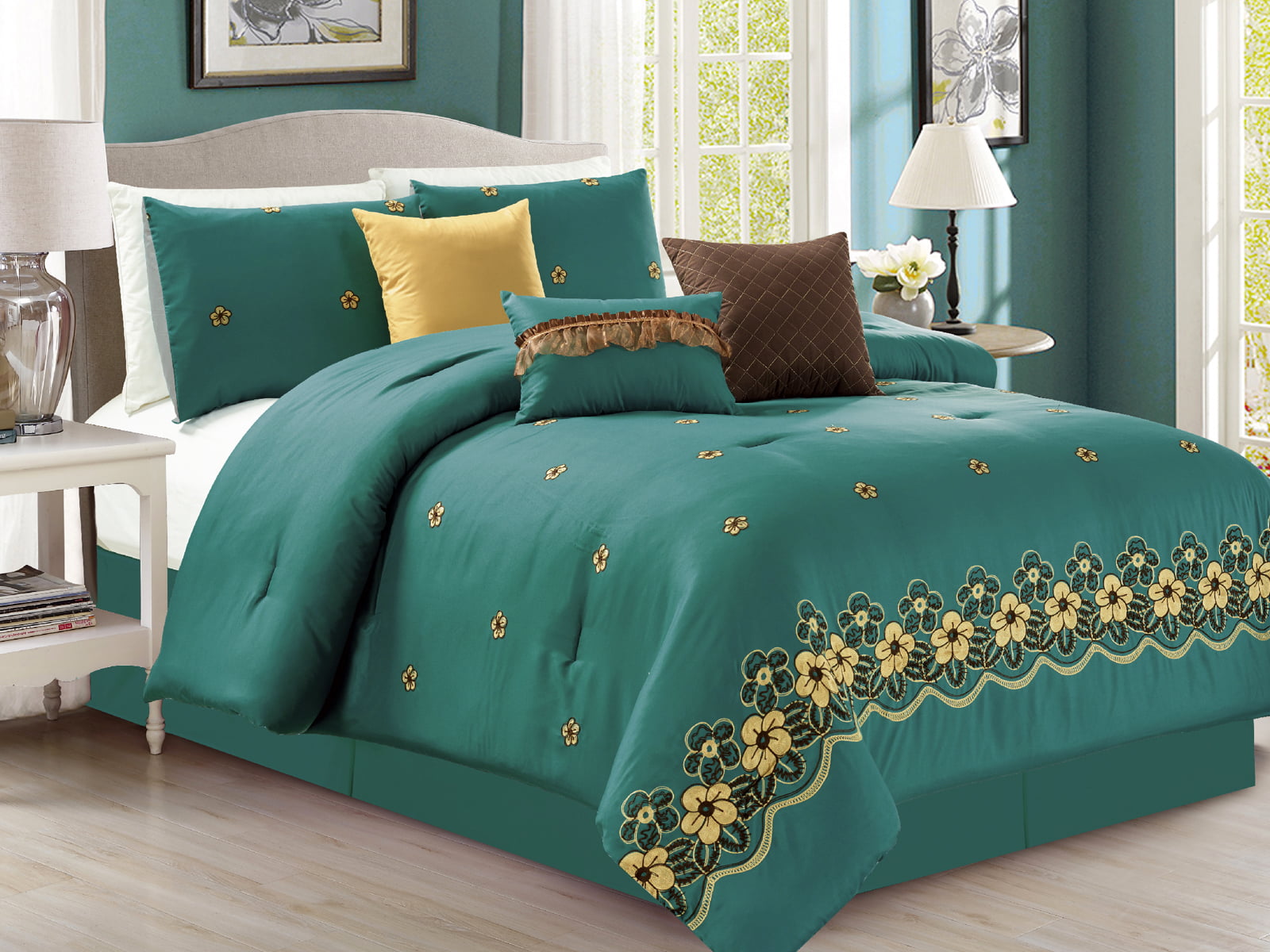 7-Pc Eleanor Floral Blossom Embroidery Comforter Set Teal Green-Blue Gold K...