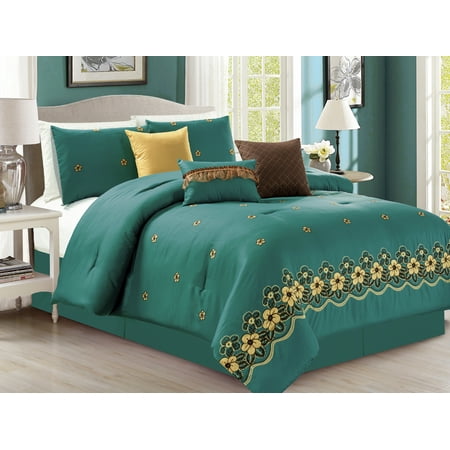 7 Pc Eleanor Floral Blossom Embroidery Comforter Set Teal Green