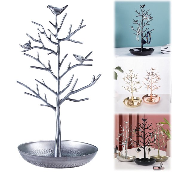 Jewelry Display Necklace Earring Organizer Holder, Metal Birds Tree Stand with Tray, Desktop Display Decoration, Antique Bracelet Rings Rack Tower Decoration for Women Girl (Grey)