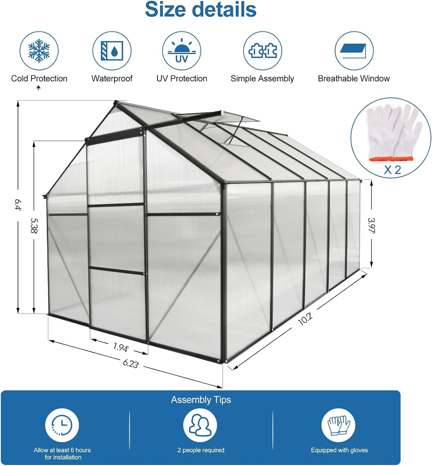 6x10 FT Polycarbonate Greenhouse Raised Base and Anchor Aluminum Heavy Duty Walk-in Greenhouses for Outdoor Backyard in All Season