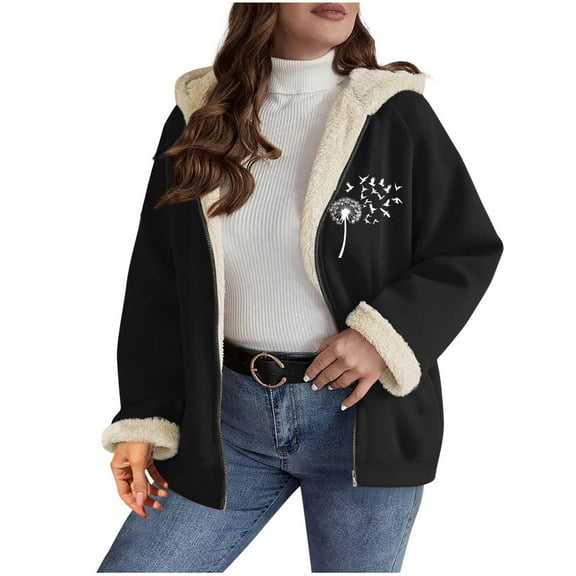 successthop Winter Coat for Women Oversized Fleece Jacket Hooded Long Sleeve Zipper Fall with Pockets Stylish Outwear