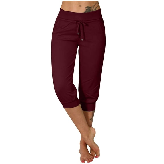 gbyLJF Womens Capri Sweatpants Casual Cropped Jogger Running Pants Casual Drawstring Waist with Side Pockets Wine M