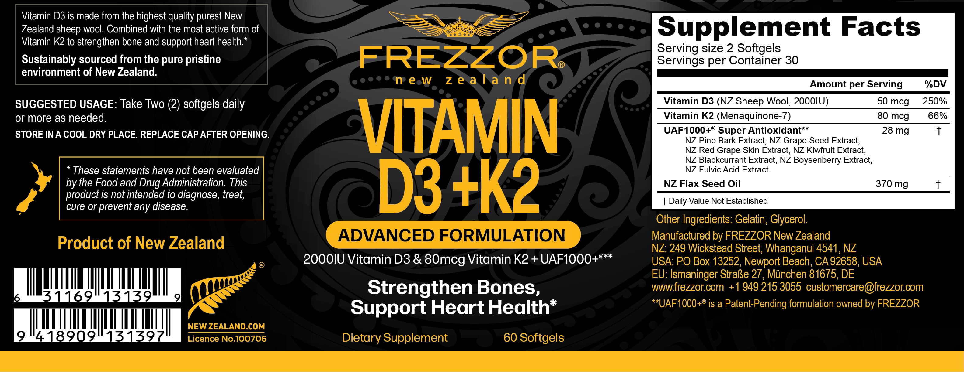FREZZOR Omega 3 Black Green Lipped Mussel Oil, Superior Joint Comfort & Mobility, No Fishy Aftertaste, 2 Bottle, 120 Softgels Plus 1 Bottle of Collagen Peptides and 1 Bottle of Vitamin D3+K2