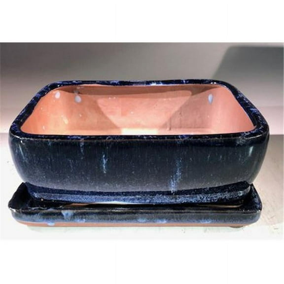Bonsai Boy  8 x 6 x 3 in. Ceramic Bonsai Pot with Humidity Drip Tray, Marble Blue - Rectangle