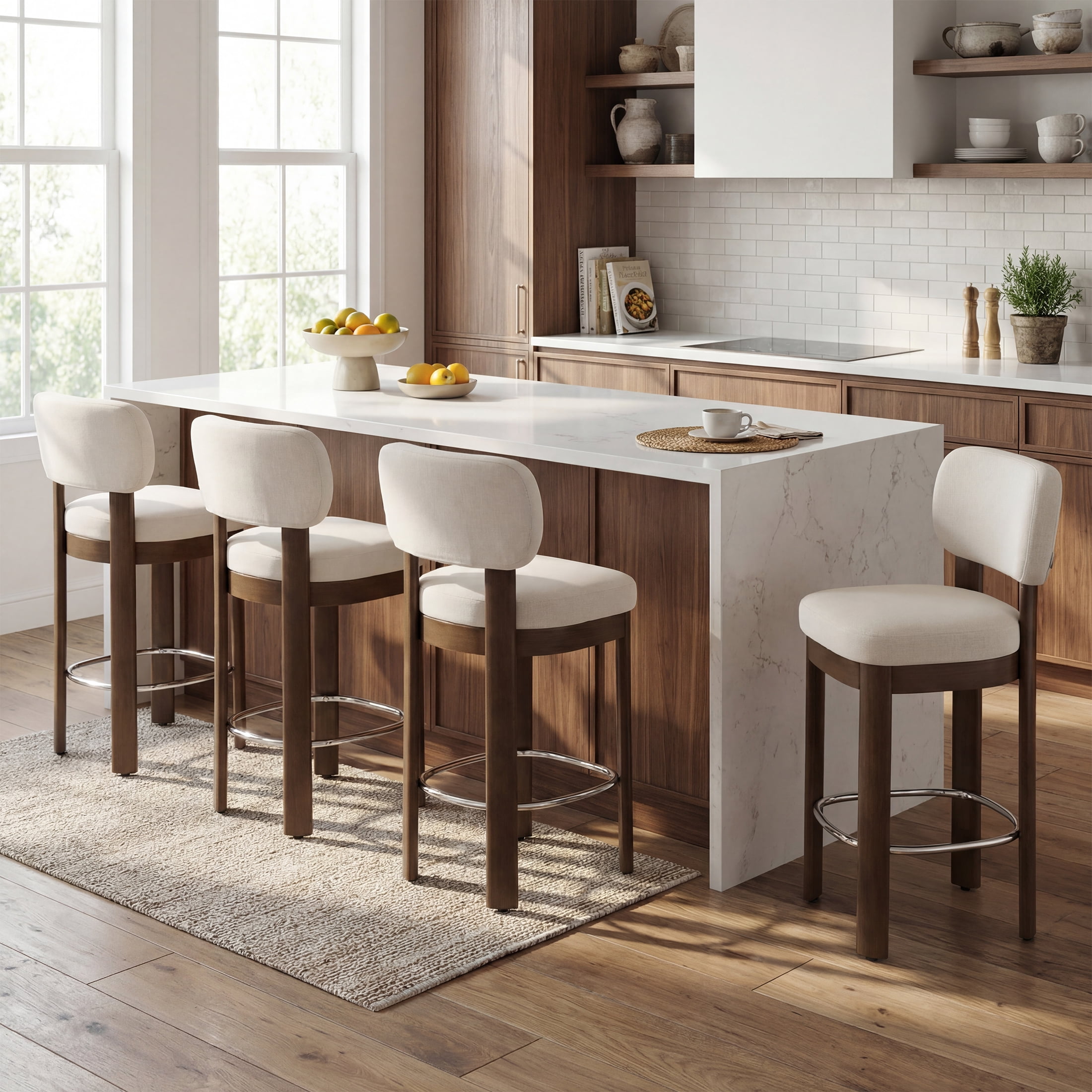 Guyou 26" Bar Stools Set of 6, Modern Linen Upholstered Counter Height Bar Stools, Farmhouse Armless Bar Chairs with Solid Wood Legs & Padded Back for Kitchen Island/Dining Room Bar, Beige