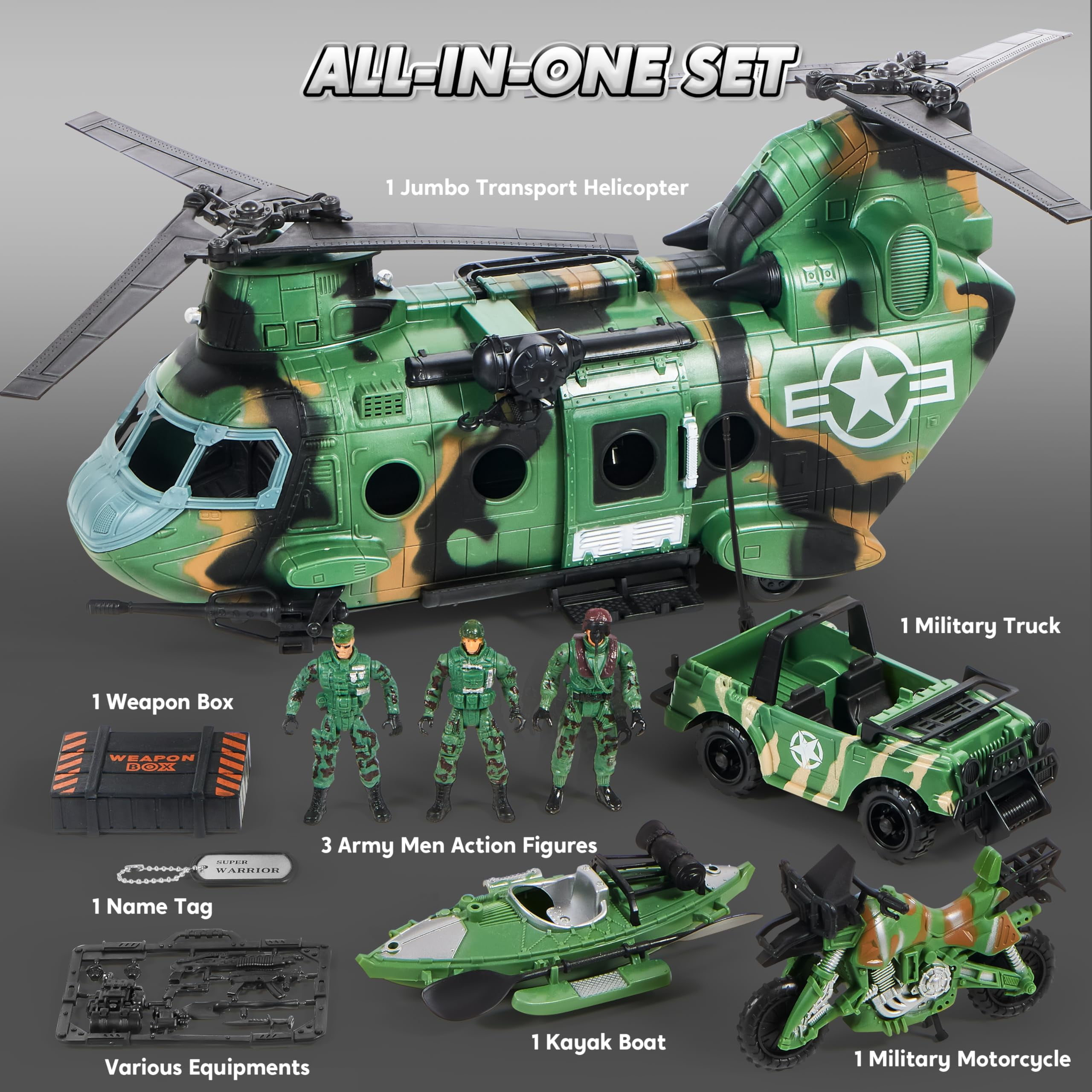 Joyfy 10-in-1 Military Helicopter Toy Set with Light & Sound, Trucks, Boat, Bike, Army Men & Weapons - Army Toys for Boys, Christmas Birthday Gifts for 3+